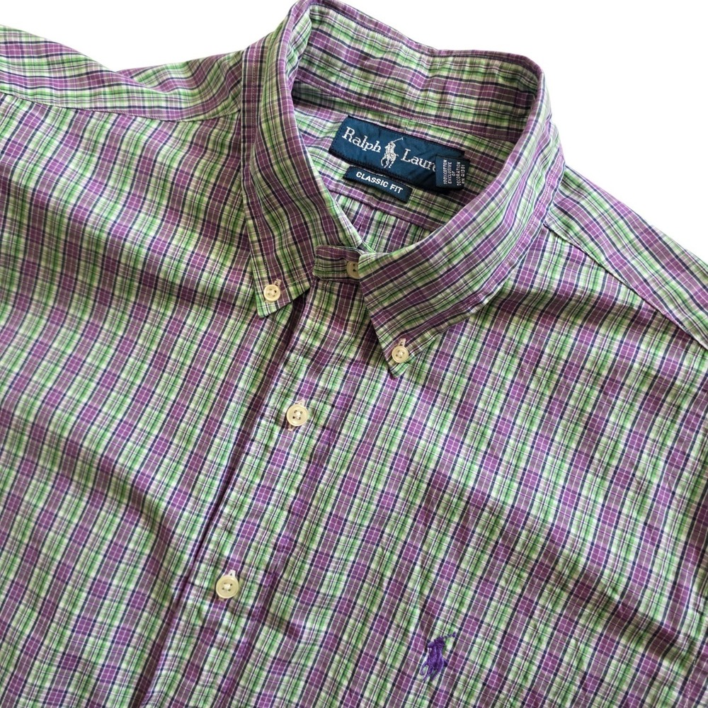 Ralph Lauren Button Down Shirt Mens Large Purple Green Plaid Classic Fit RN41381